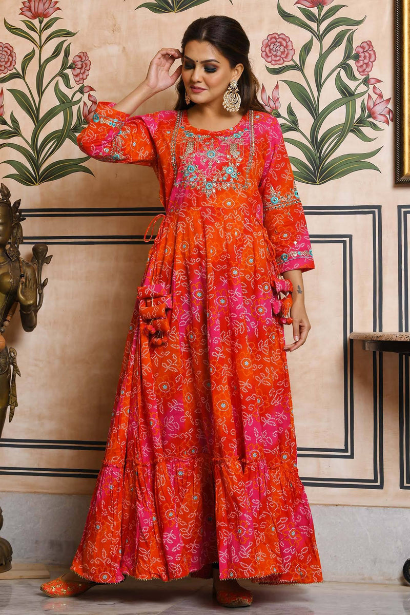 Orange Bandhani Print Ethnic Gown - Ria Fashions