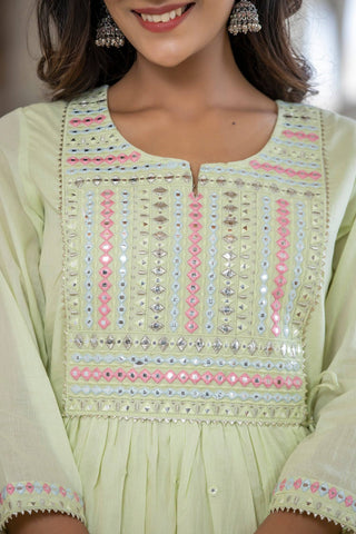 Green Mirror Work Ethnic Gown - Ria Fashions