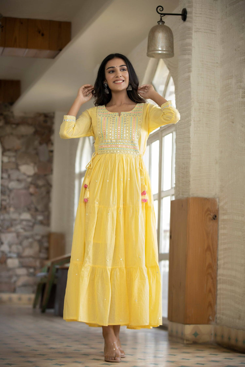 Yellow Mirror Work Ethnic Gown - Ria Fashions