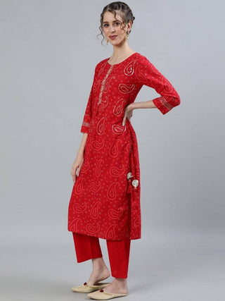 Red Printed Kurta Trouser Set - Ria Fashions