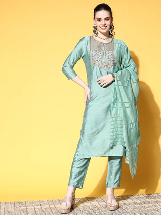 Sea Green Cotton Blend Floral Embroidered Suit Set with Dupatta