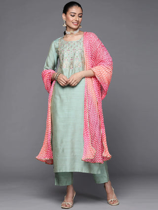 Embroidered Silk Blend Sea Green Kurta with Silk Blend Trouser and Dupatta - Ria Fashions