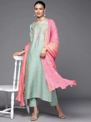 Embroidered Silk Blend Sea Green Kurta with Silk Blend Trouser and Dupatta - Ria Fashions