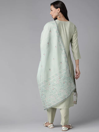 Sea Green Silk Yoke Design Printed Suit Set with Poy Chiffon Dupatta