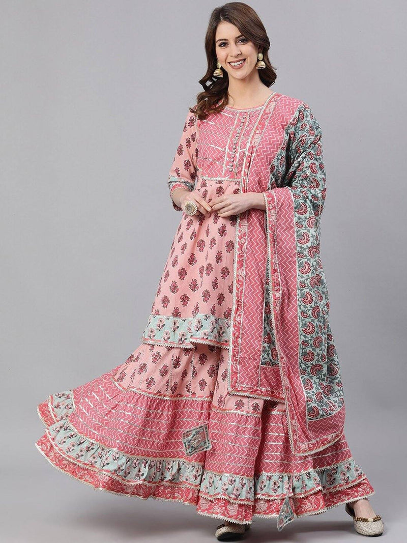 Pink Cotton Print & Gotta Patti Detailing Sharara Suit Set with Dupatta