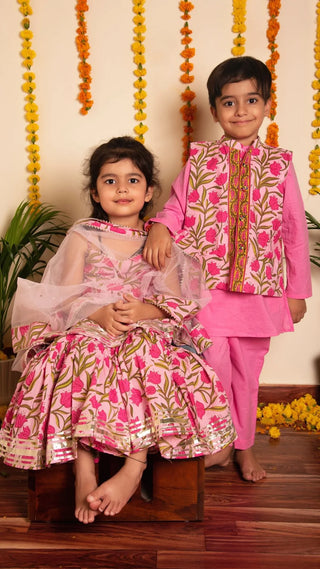 Cotton Pink Floral Print Sharara Set with Soft Net Duptta