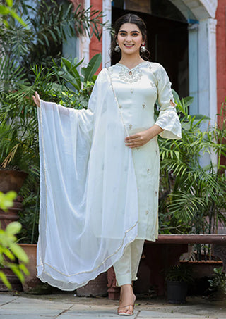 Off White Silk Zari Embroidered Suit Set with Dupatta