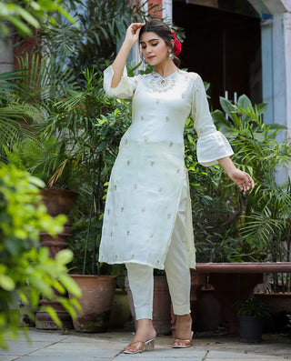 Off White Silk Zari Embroidered Suit Set with Dupatta
