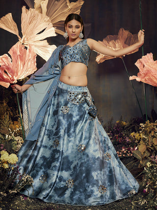 Designer Sky Blue Velvet Embroidered Lehenga Choli Set with Georgette Dupatta
