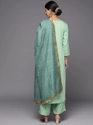 Green Solid Viscose Rayon Suit Set with Art Silk Leheriya Print Dupatta