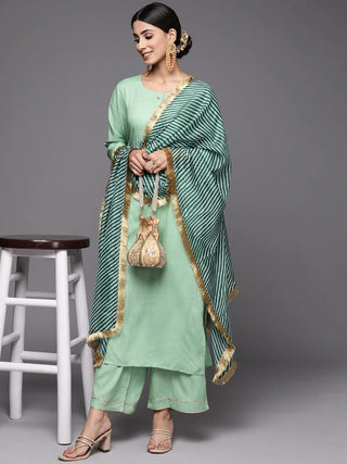 Green Solid Viscose Rayon Suit Set with Art Silk Leheriya Print Dupatta