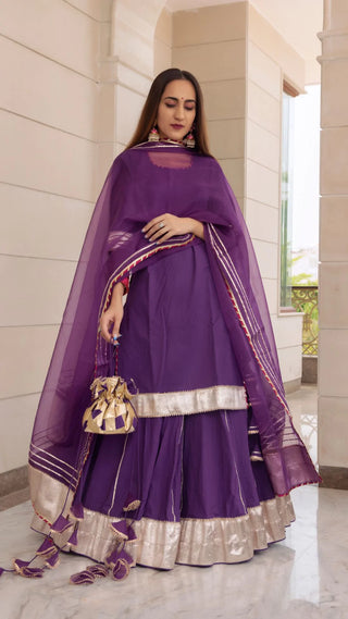 Cotton Solid Purple  Kurta Skirt Set with Organza Dupatta