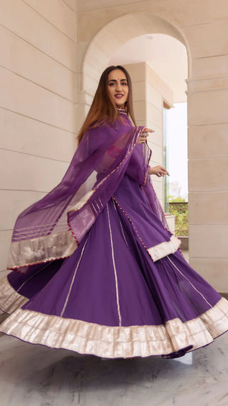 Cotton Solid Purple  Kurta Skirt Set with Organza Dupatta