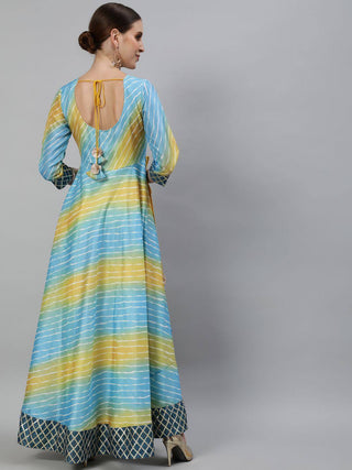 Cotton Blue & Yellow Leheriya Print Flared Long Kurta - Ria Fashions