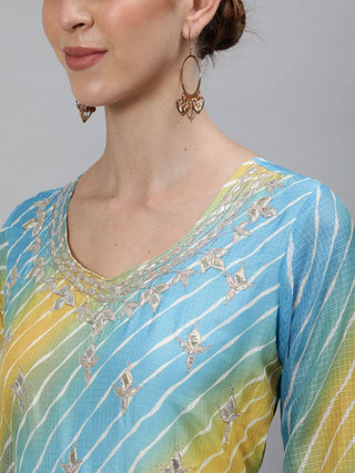 Cotton Blue & Yellow Leheriya Print Flared Long Kurta - Ria Fashions