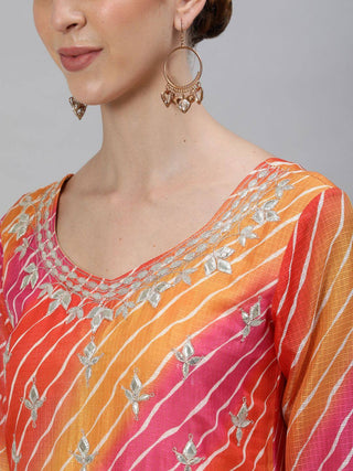 Cotton Pink & Orange Leheriya Long  Kurta - Ria Fashions