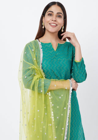 Green Silk Self Embroidered Kurta with Straight Pants and Sequenced Dupatta - Ria Fashions