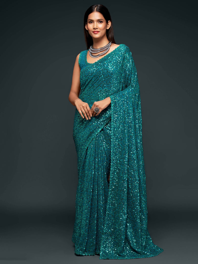 Teal Blue Georgette Sequined Saree - Ria Fashions