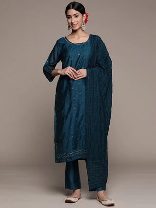 Teal Blue Cotton Sequin Embellished Suit Set with Dupatta