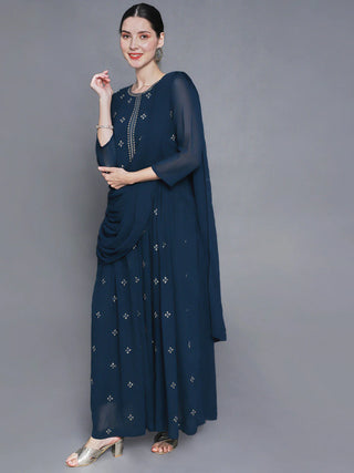 Teal Blue Poly Georgette Embroidered Anarkali Dress
