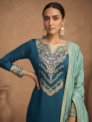 Teal Blue Silk Embroidered Suit Set with Georgette Dupatta