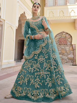 Teal Green Net Embroidered and Sequinned Lehenga Suit Set - Ria Fashions