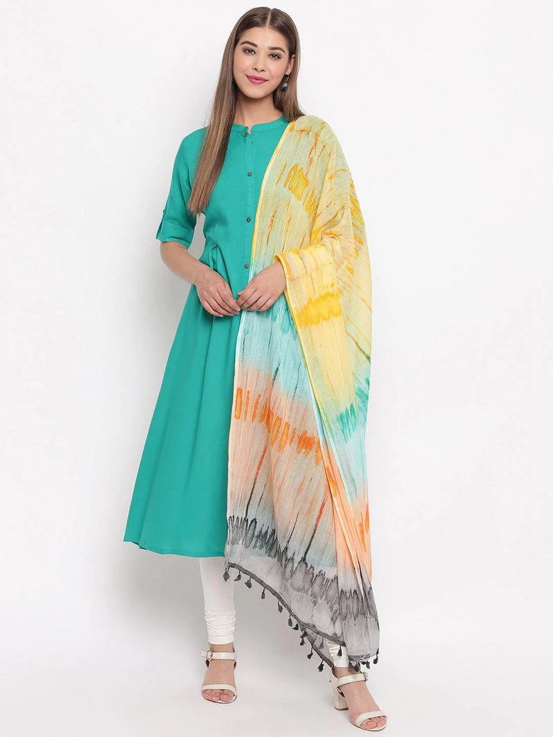 Solid Rayon Teal Green Suit Set with Multi Color Dupatta