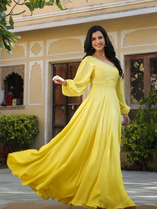 Yellow Viscose Muslin Hand Work Ombre Gown