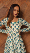 Paisley Cotton White & Blue Floral Print Kalidar Anarkali Set with Dupatta