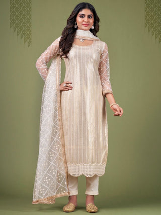 White & Cream Net Embroidery & Lace Detailing Suit Set with Dupatta