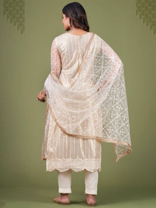 White & Cream Net Embroidery & Lace Detailing Suit Set with Dupatta