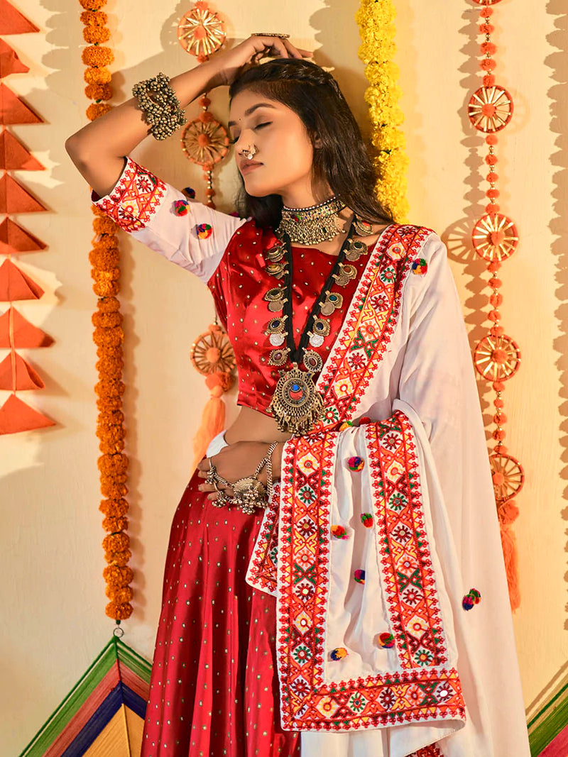 White & Red Muslin Cotton Heavy Embroidered Lehenga Choli Set with Dupatta