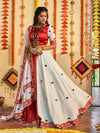 White & Red Muslin Cotton Heavy Embroidered Lehenga Choli Set with Dupatta