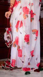 White & Pink Flower Print Organza Saree with Tafetta Blouse