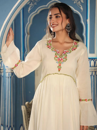 White & Red Cotton Embroidered Anarkali Dress