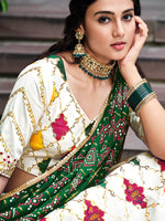 White & Green Silk Embroidered Lehenga Choli Set with Dupatta