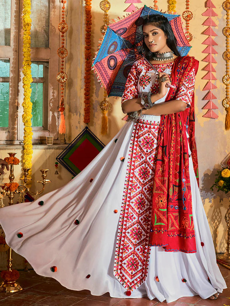 White Muslin Cotton Heavy Embroidered Lehenga Choli Set with Dupatta