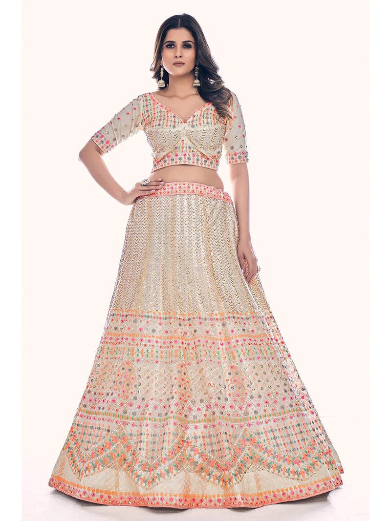 White & Pink Soft Net Floral Embroidered Designer Lehenga Choli Set with Soft Net Dupatta