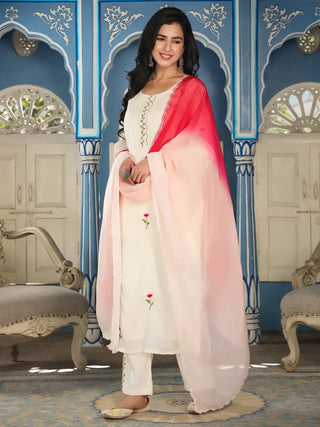 White & Red Cotton Embroidered Suit Set with Tie Dye Organza Dupatta