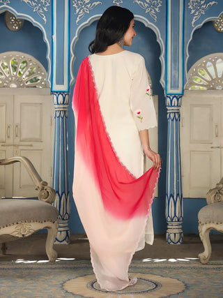 White & Red Cotton Embroidered Suit Set with Tie Dye Organza Dupatta