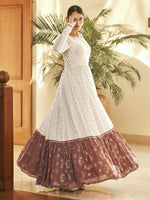 White Georgette Embellished with Metalic Foil Work Party Wear Gown