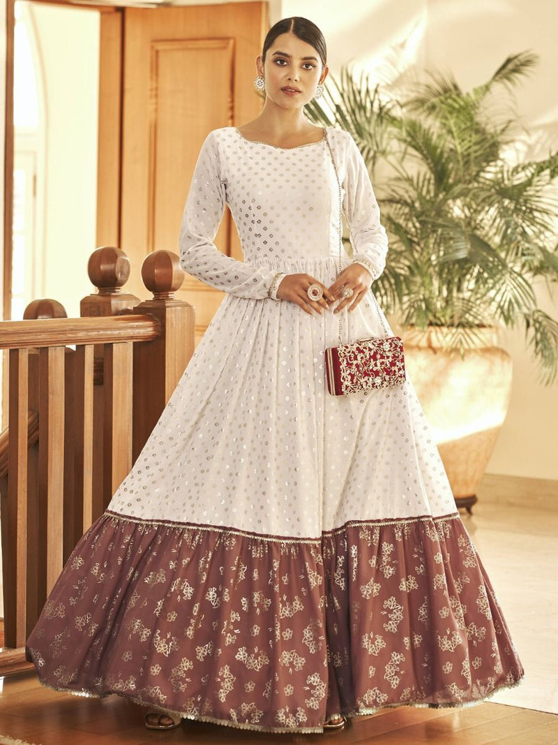 White Georgette Embellished with Metalic Foil Work Party Wear Gown