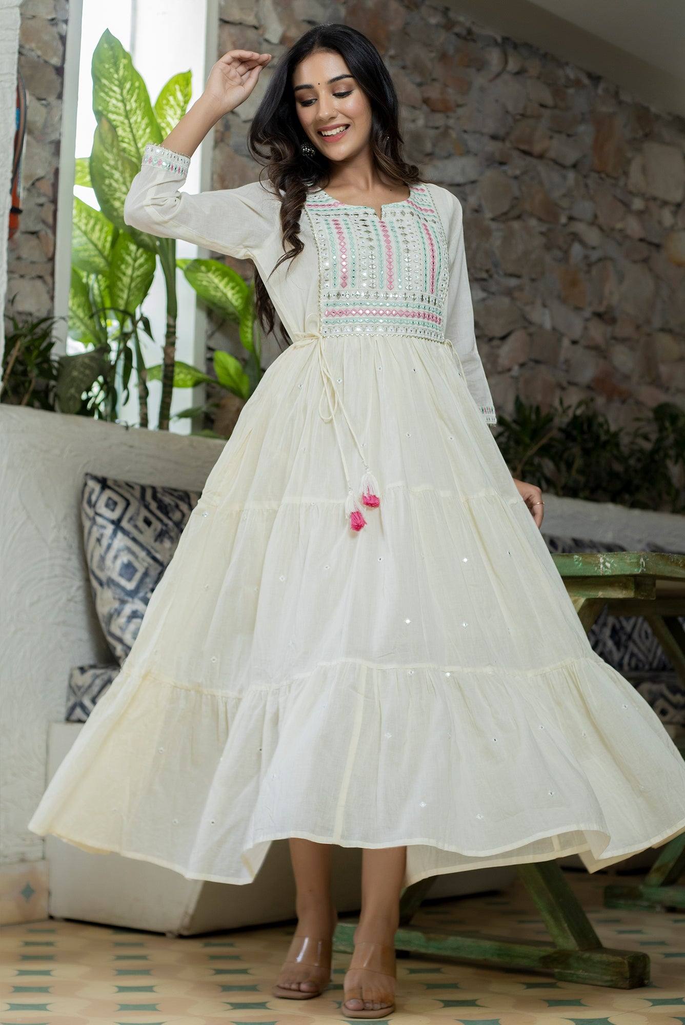fcity.in - Women White Cotton Zari Lining Work Ankle Length Anarkali Gown  Style