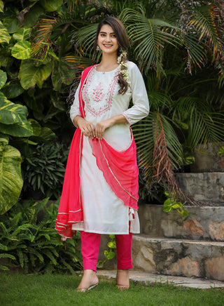 White & Pink Modal Silk Zari Embroidered Suit Set with Dupatta