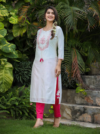 White & Pink Modal Silk Zari Embroidered Suit Set with Dupatta