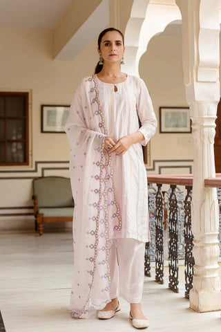 White Silk Blend Embroidered Suit Set with Organza Dupatta