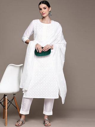 Cotton White Thread Detailing Suit Set with Dupatta