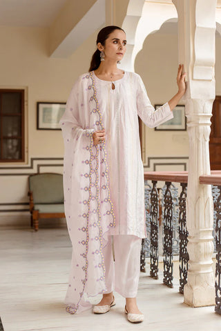 White Silk Blend Embroidered Suit Set with Organza Dupatta