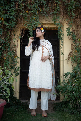 White Cotton Lace Detailing Suit Set with Embroidered Kota Doriya Dupatta