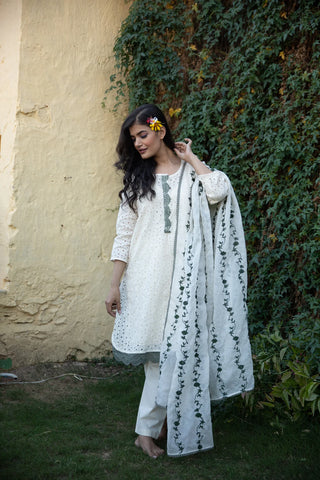White Cotton Suit Set with Green Embroidery Detailing and Doriya Dupatta
